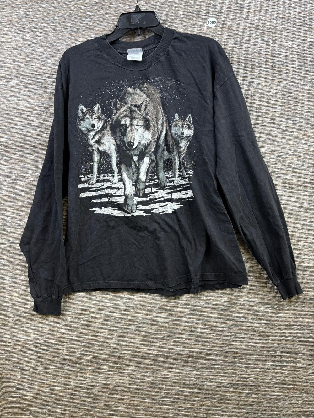 Vintage Hanes Beefy-T Shirt Mens XL Black Wolf Pack Graphic Long Sleeve Crewneck